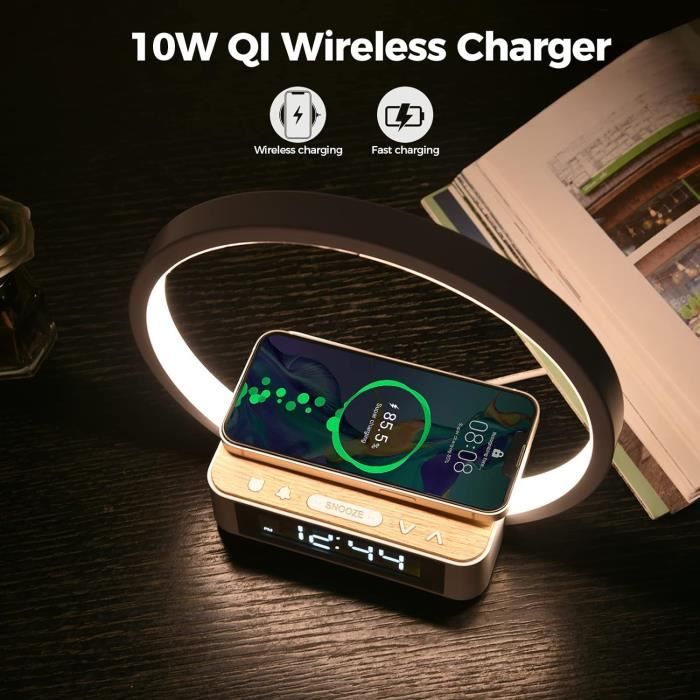 Lampe de Chevet avec Fonction de Charge, 10W Chargeur Sans Fil, Réveil Lumière Touch Control Lampe