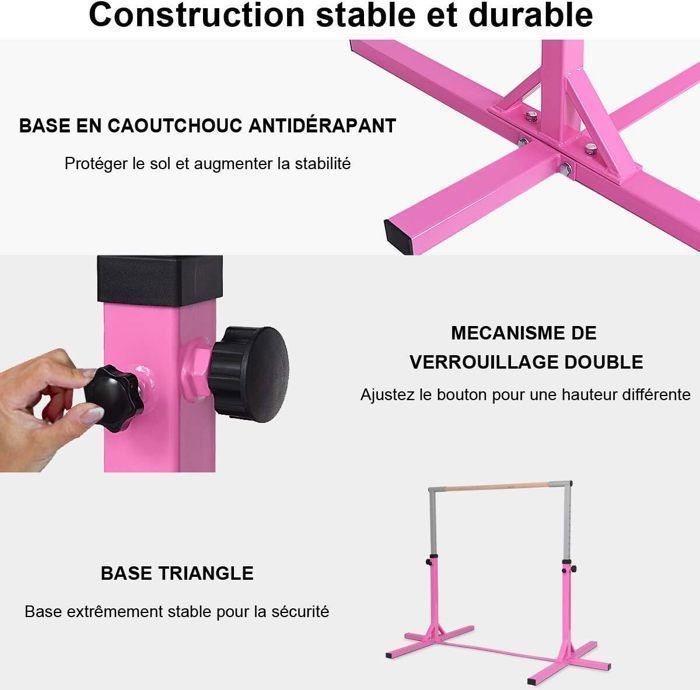 Barre De Gymnastique Enfant Réglable Hauteur 85-129.5cm - Pliable, Capacité 100kg - Pour Enfants 3-8 Ans - Rose