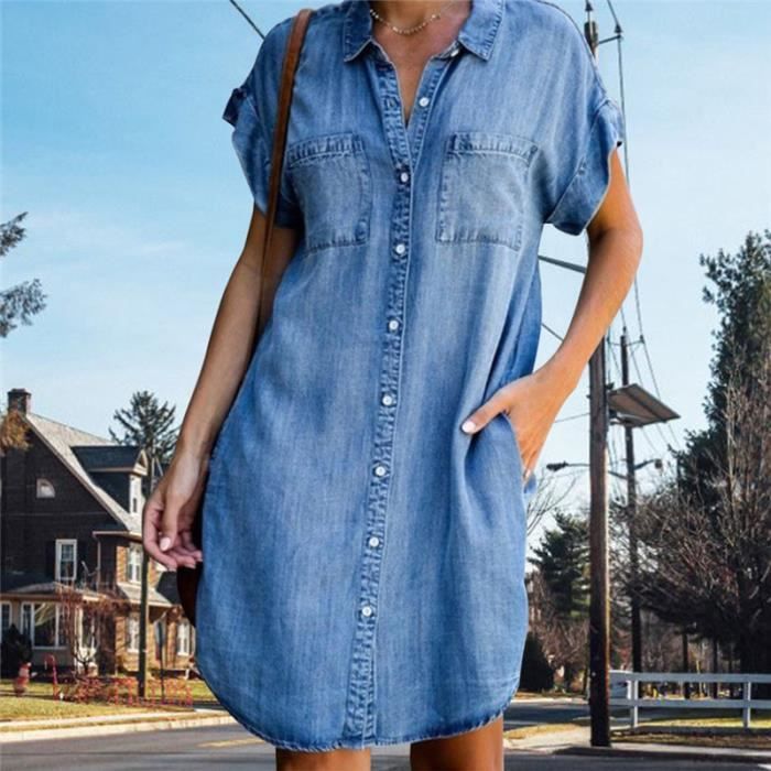 Robe chemise en jean manche courte femme hot sale