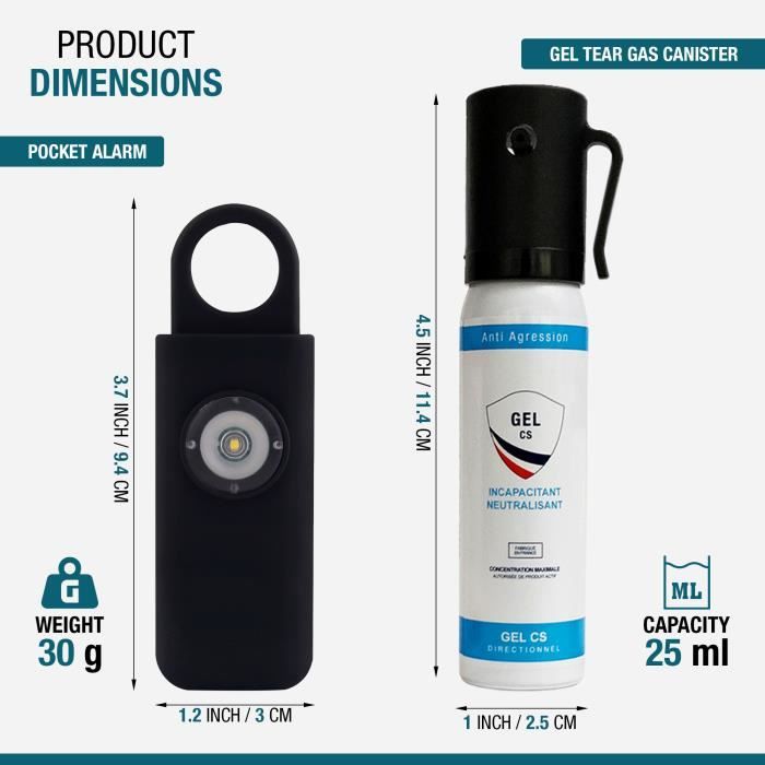 Kit de défense anti agression – Spray gel CS 25ml + Alarme de