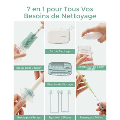 YOTIME Voyage Goupillon Biberon Ensemble, Comprenant Brosse Biberon Silicone, Nettoyeur De Tétines, Brosse Paille, Distributeur De Savon, Egouttoir Biberon Bebe Et Boîte De Rangement, Bleu