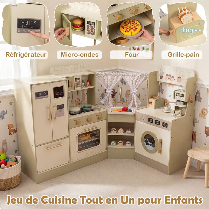 Cuisine Jouet Enfants Ensemble de Cuisine de Jeu d'Imitation avec Robinet Lave-Vaisselle Plaques de Cuisson pour 3+ Vert