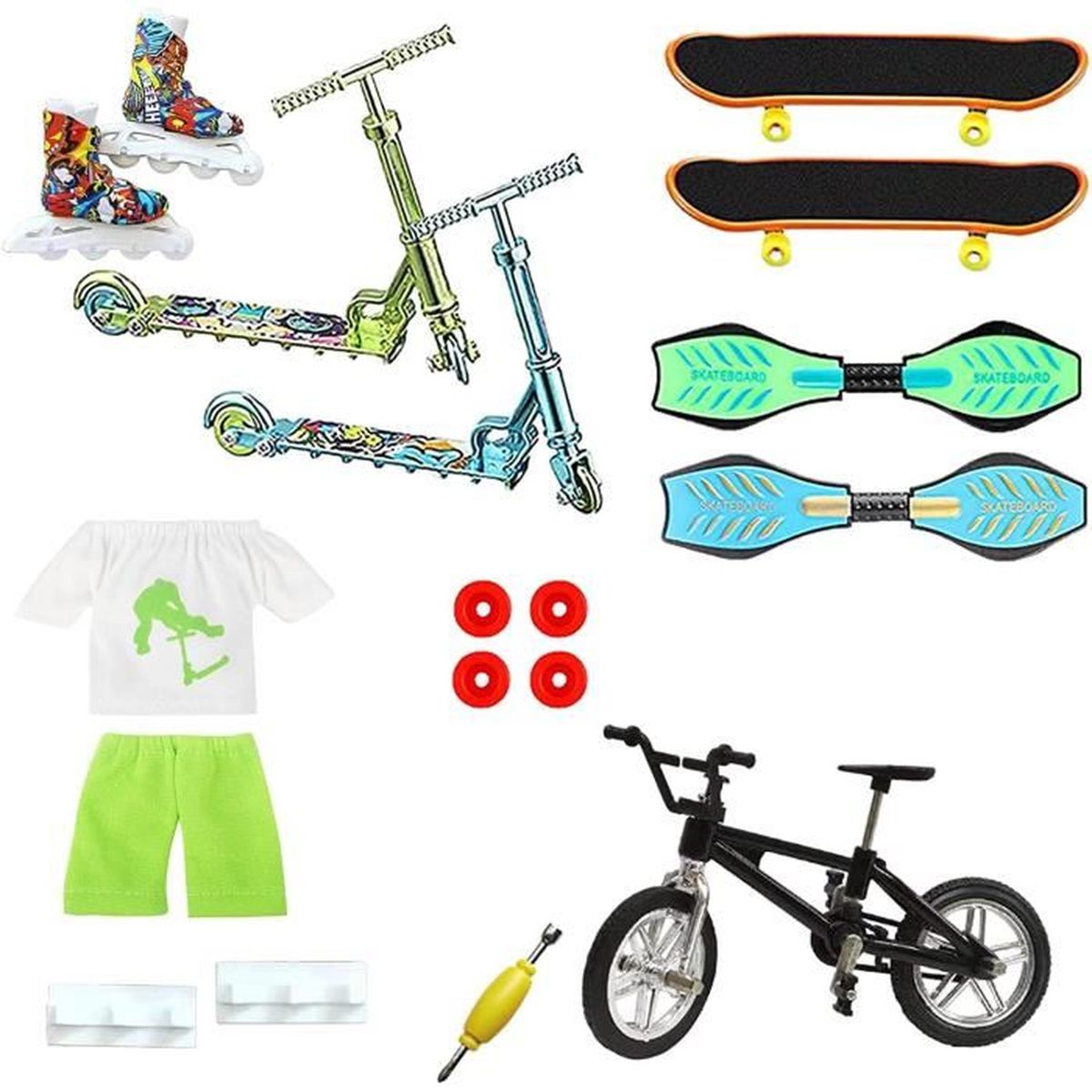 Pack 18 Mini Jouets Doigts - Skateboards, Vélos, Trottinettes, Balançoire - Set Complet Finger Toys Fun