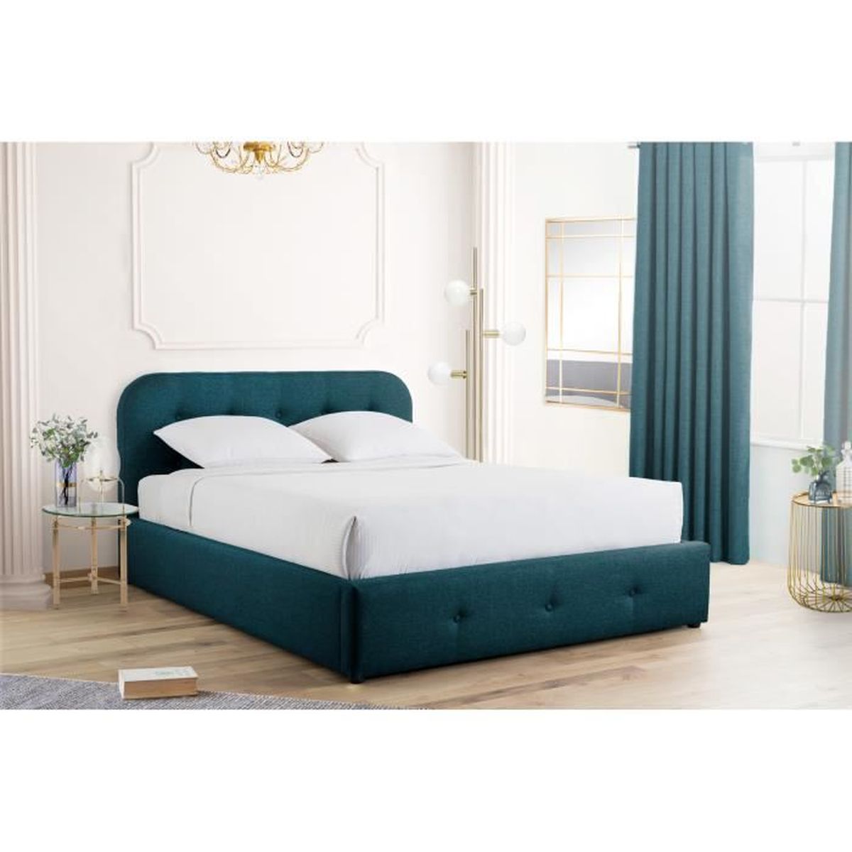 Enrico Lit Coffre 160 X 200 Tissu Avec Capitons Bleu Canard