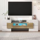 Lemonbest Meuble TV blanc 145 cm, Meuble tv LED avec Rangement, Surface en verre élégante, design moderne, Blanc + couleur bois