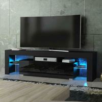 Meuble TV LED Moderne Noir - DRIPEX - Table de rangement - Porte(s) et tiroir(s) - Verre trempé - Brillant