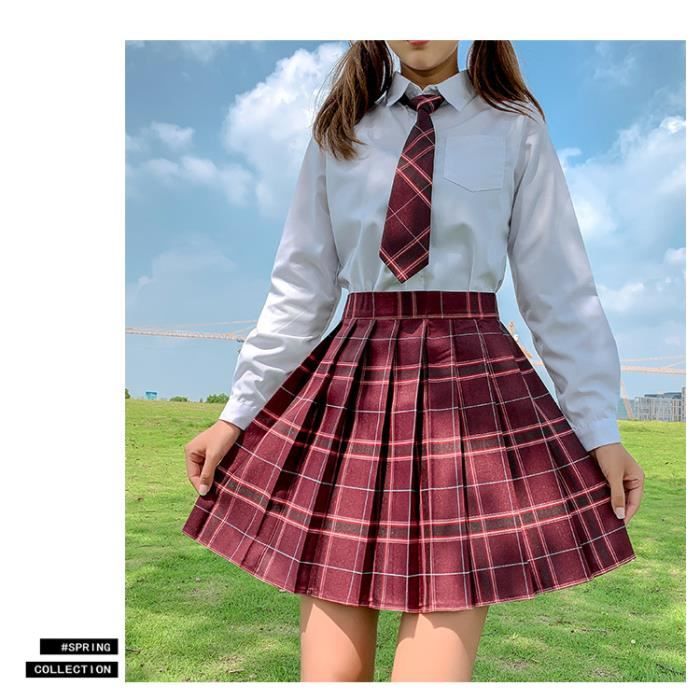 JK jupe à carreaux japonais taille haute style collège jupe plissée  étudiant uniforme jupe uniforme scolaire jupe femme Rouge - Cdiscount  Prêt-à-Porter