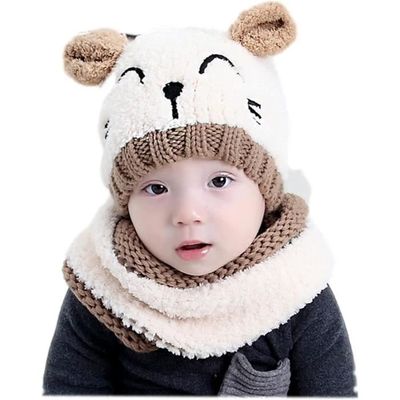 Ensemble bébé fille bonnet + écharpe + moufles chat - écru, Bébé