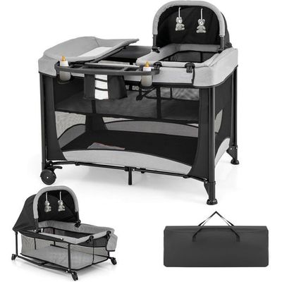 Parc Bébé 4-en-1 COSTWAY - Lit Parapluie Pliable Avec Matelas, Table à Langer Et Sac - Gris - Jusqu'à 3 Ans