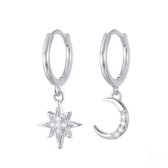 Hinvan 2 Paires Boucles D'oreilles Argent 925 Femme Hypoallergénique | Creoles avec Pendentif Lune Étoile Boucles D'oreilles Créoles Argent Pendantes Étoiles Asymétriques pour Femme