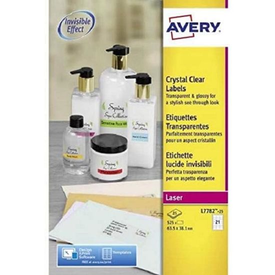 525 étiquettes Transparentes Avery - Autocollantes Pour Imprimante Laser, Format 63,5 X 38,1 Mm, Personnalisables