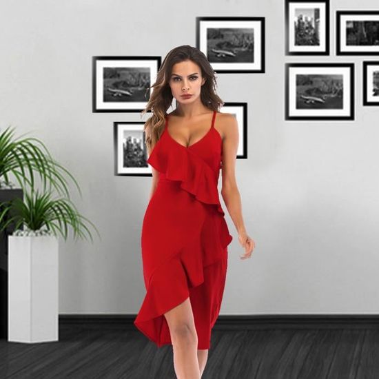 Robe De Soirée Sexy à Volants KWTF - Décolleté V Profond, Sans Manches, Courte - Rouge Taille M