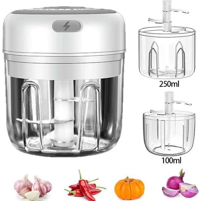 Mini Hachoir Electrique,Mixeur Portable Blender, Hachoir manuel Avec Pour Oignon/Fruit/Aliments Pour Bebes/Presse Purée(Blanc)