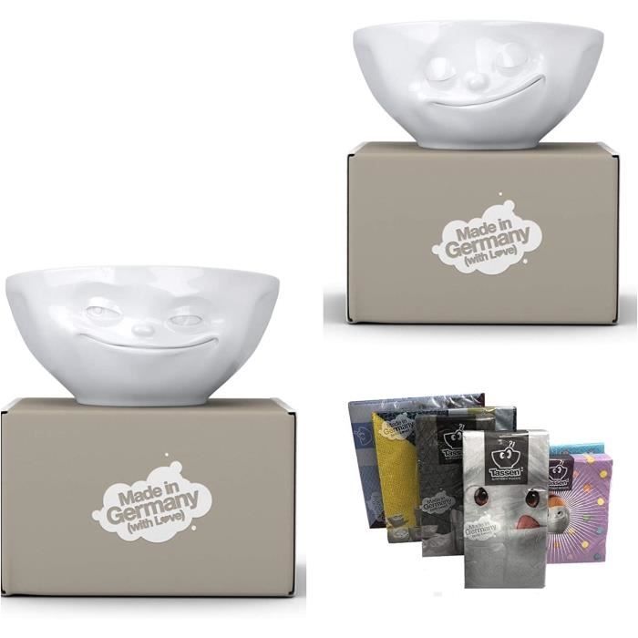 BOL Fiftyeight Products Lot de 2 bols 350 ml, décor visage heureux et visage qui sourit + serviettes99