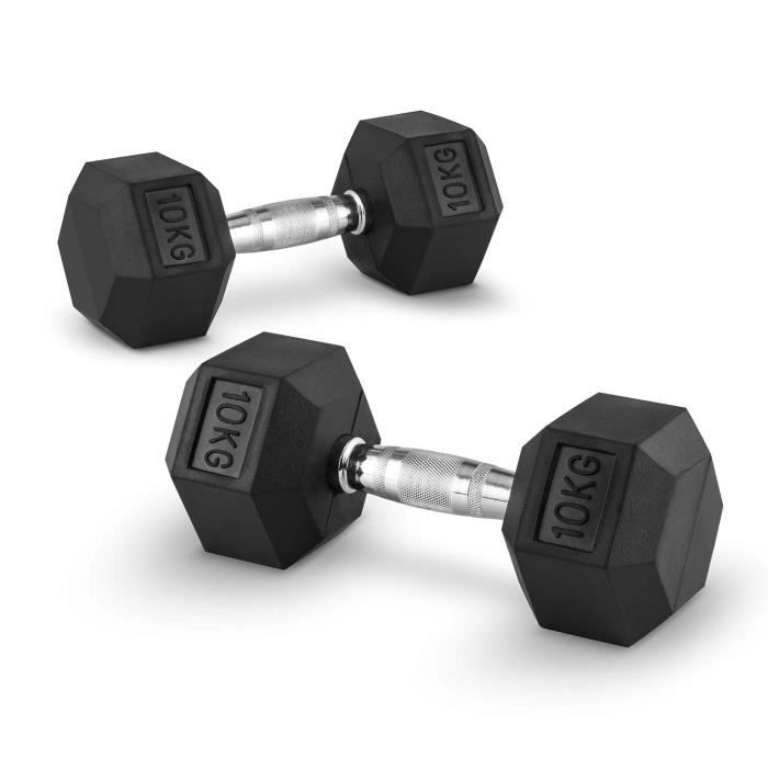 CAPITAL SPORTS Hexbell - Paire d'haltères courts pour musculation, cross-training… (caoutchouc résistant , prise chromée) - 2x 10kg