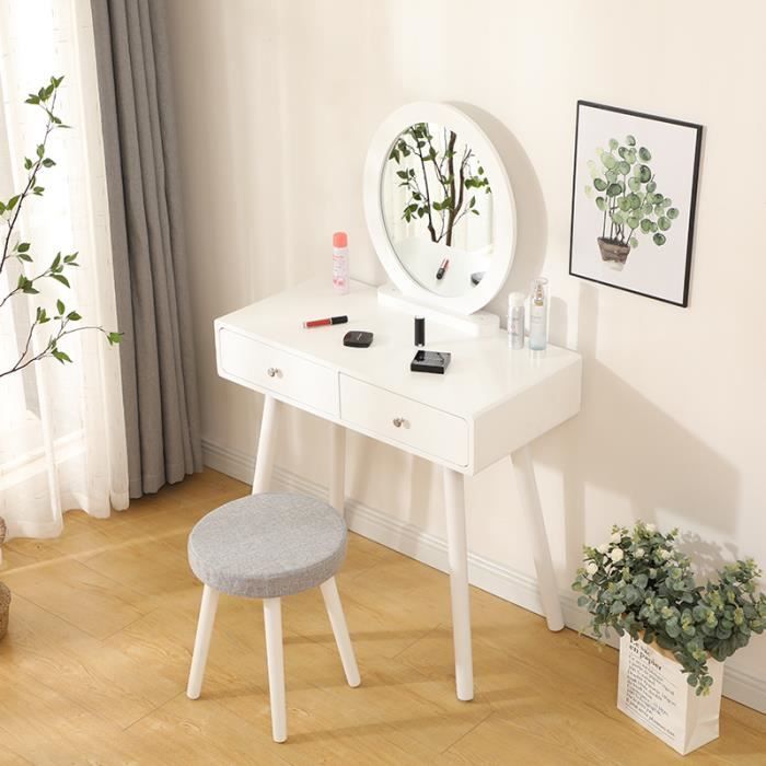 Coiffeuse avec Miroir Rond - Table de Maquillage avec 2 Tiroirs, Miroir et Tabouret - 80 x 40 x 128 cm
