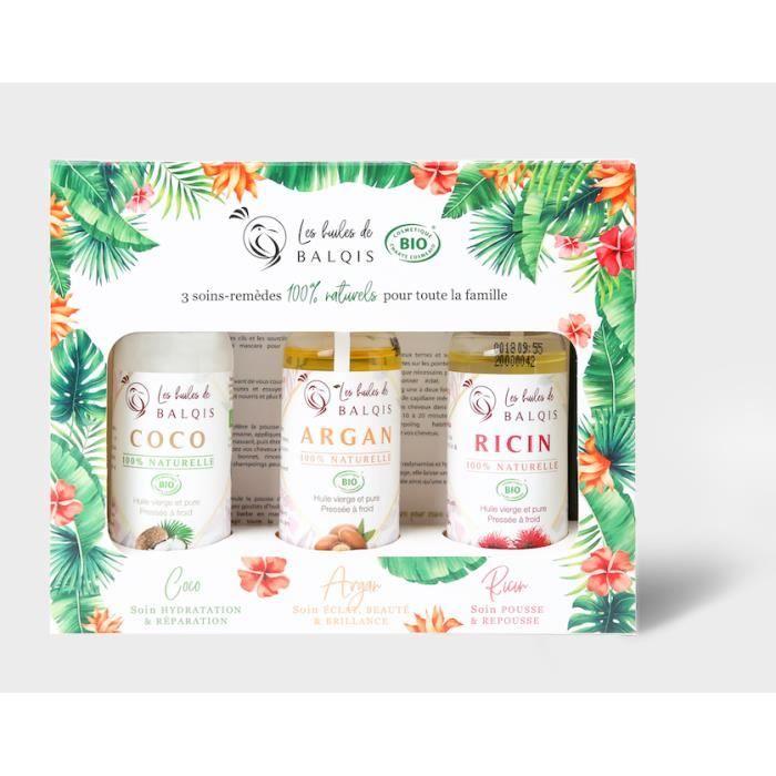 COFFRET Huiles de Coco, Ricin, Argan, vierges Bio, 100% naturelles, pures, pressées à froid, soins visage, corps, cheveux, 3x50ML