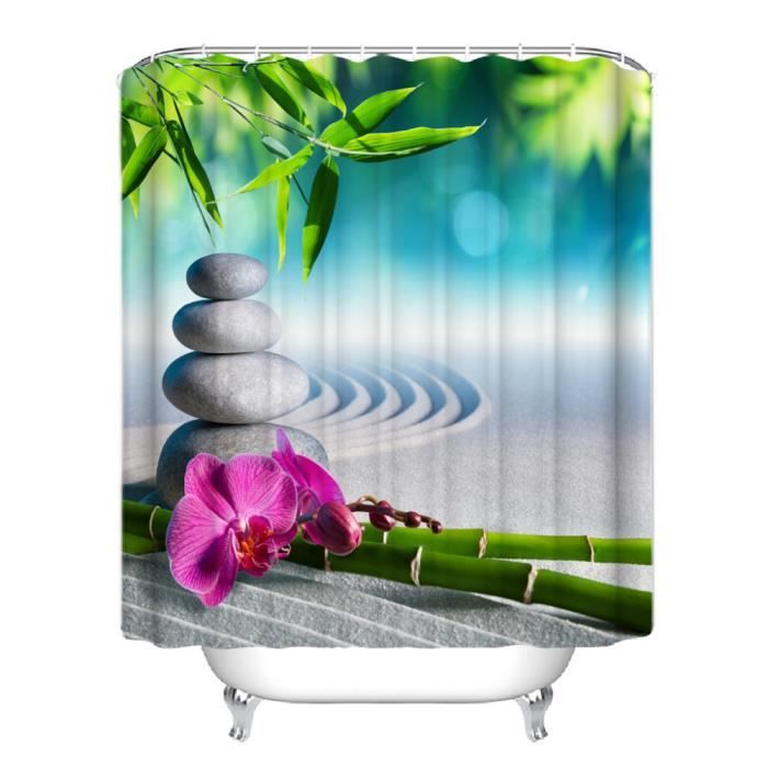 Rideau de douche Bambous pierres fleurs style de zen anneaux inclus 3D effect imperméable 180 x 200 cm