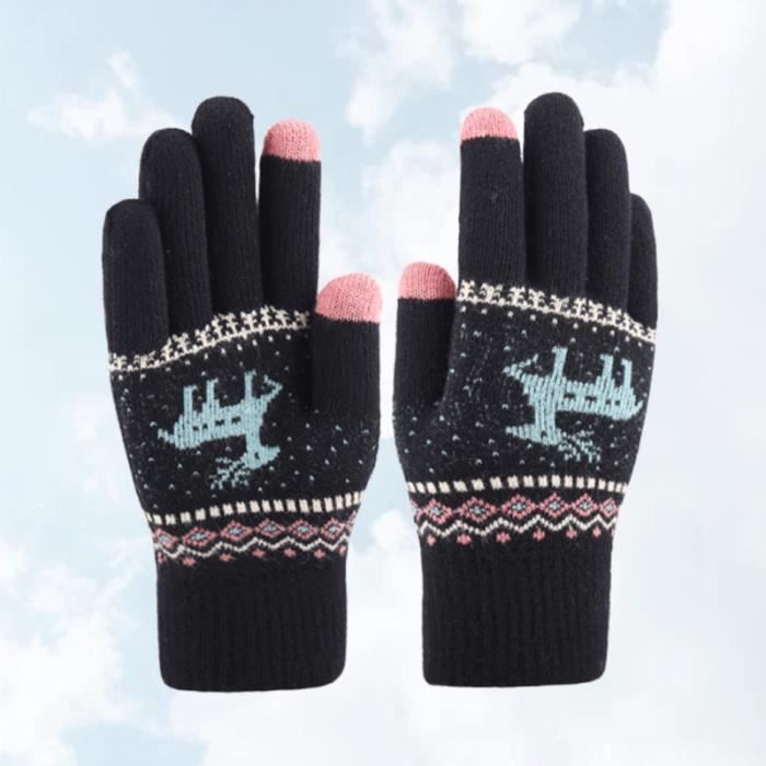 1 paire de gants à écran tactile motif élan épaissir les hiver chaud doigt laine fil noir GANTS - SOUS-GANTS