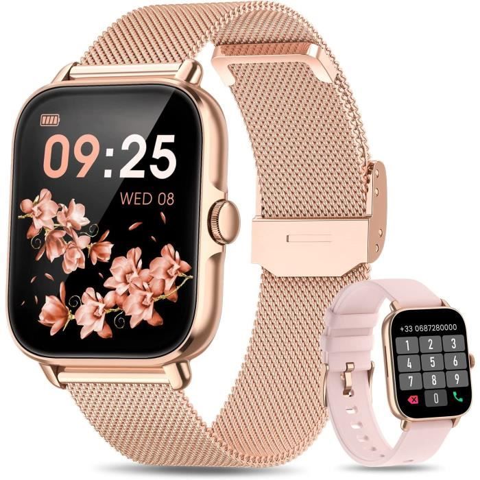Montre Connectée Femme avec Appels Bluetooth, 1.7'' Smartwatch Fonction Féminine, SpO2 Fréquence Cardiaque SommeilTension Artérielle