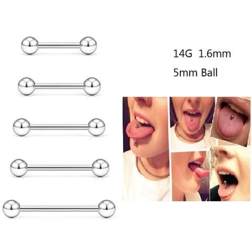 5pcs Piercing Langue 14G, WOVTE Piercing Langue Oreilles Mamelon Bijoux en inox - 8/10/12/14/16 mm