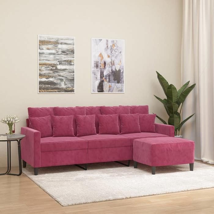vidaXL Canapé à 3 places et repose-pieds Rouge bordeaux 180 cm Velours 3201111