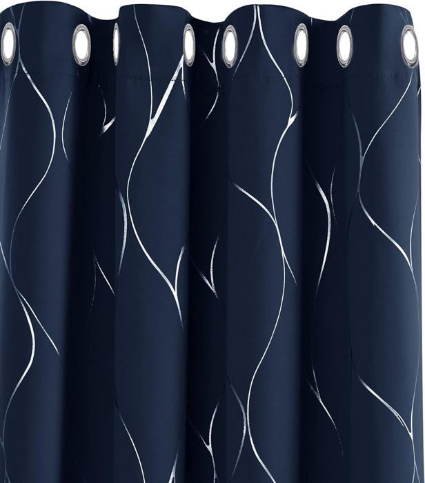 Lot de 2 Rideaux Occultants Isolants a Oeillets avec Motif Argente Bleu Marine 132x213 cm Rideaux Cuisine ChambreThermique Anti