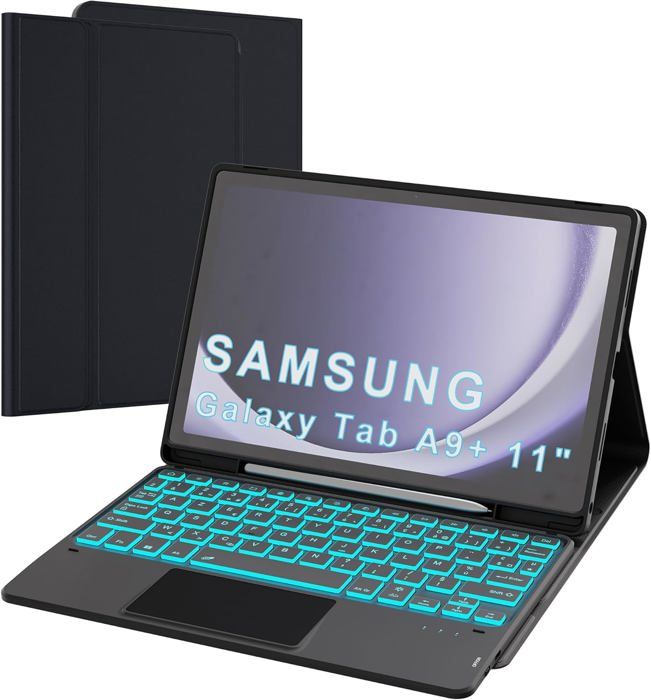 Étui Clavier Pour Samsung Galaxy Tab A9+ 11 Pouces - 7 Couleurs Rétroéclairées Amovible Tablette Coque Sans Fil Avec Pavé Tactile