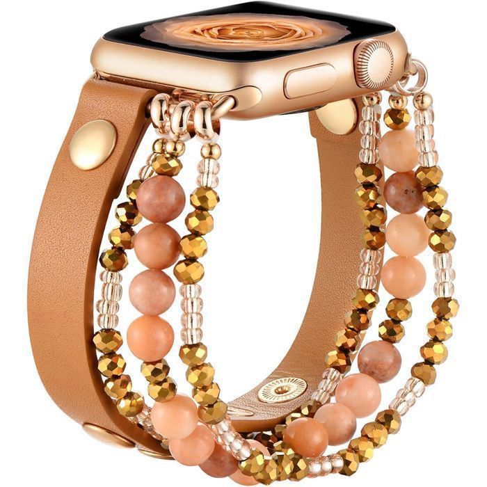 Stravo Bracelet montre perles bohème élastique Apple Watch 44/45/46/49mm Series 4-12 SE 1-3 Ultra 2-4 – Femme – Marron