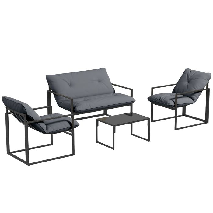 Salon de jardin - Outsunny - 4 pièces - avec canapé 2 places 2 fauteuils et 1 table basse 3 coussins - acier noir polyester - gris