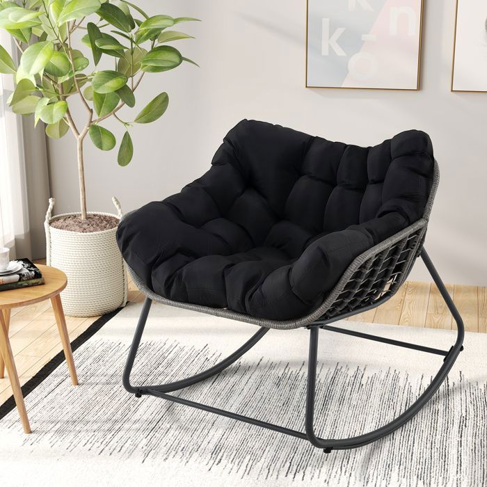 Chaise à Bascule de Jardin Extérieur COSTWAY en Osier PE Structure en Métal Coussin Amovible pour Salon Balcon Jardin PatioNoir