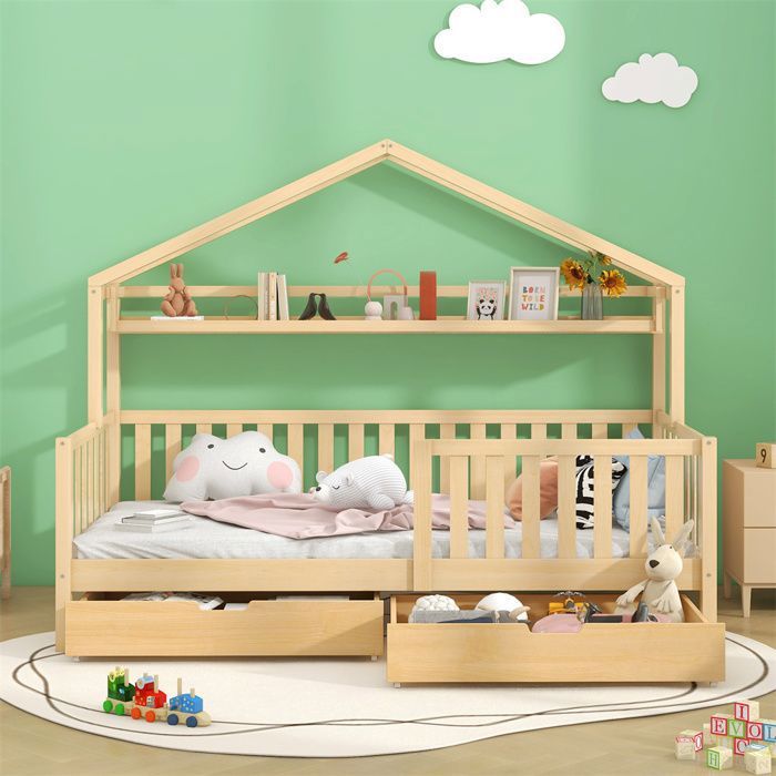 Lit cabane enfant 90x200 cm en pin massif avec sommier à lattes et tiroirs – style scandinave