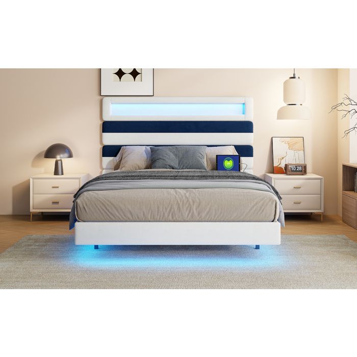 Lit Double - 140 x 190 cm - Design Flottant avec LED - Tête de Lit Modulable - Port de Charge (Prise/USB/Type-C) - Cadre de Lit