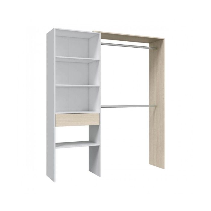 Armoire dressing avec étagère de rangement + 2 penderies + 1 tiroir coloris Blanc/chêne - Longueur 158x Hauteur 187x Profondeur