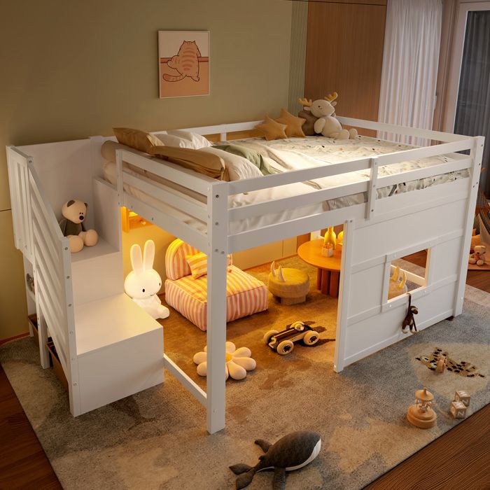 Lit mezzanine 140x200 cm- MODERNLUXE - Échelle de rangement - Fenêtre intégrée - LED personnalisables - Blanc