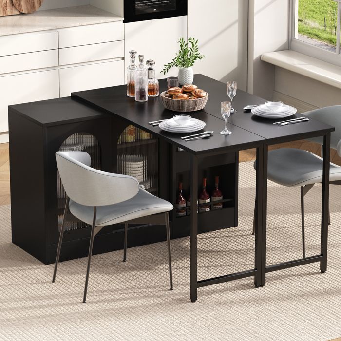 Table Bar Extensible Pivotante 360° Porte en Verre et Étagères Meuble Rangement avec Table Bar pour Cuisine Noir
