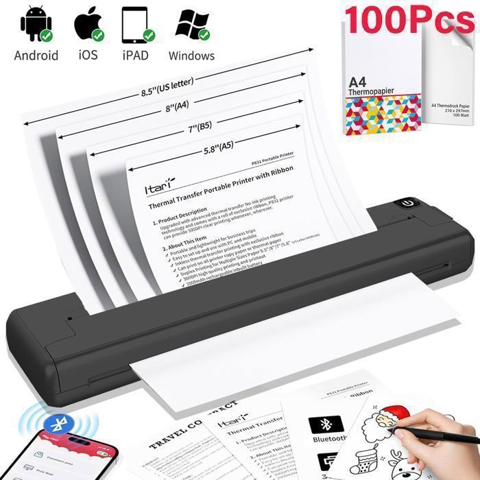 Imprimante Thermique avec Papier 115Pcs A4 210 x 297 mm Imprimante Sans Encre Compatible avec Android et IOS et Windows