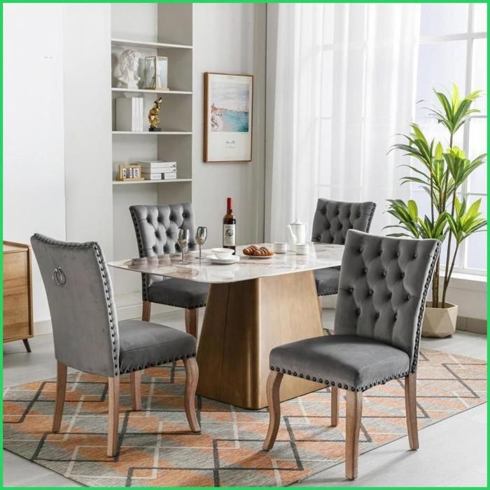 4 Stühle Esszimmer/Küchen/Wohnzimmer - Samt Polster Massivholz Kupfernägel Türklopfer - Grau