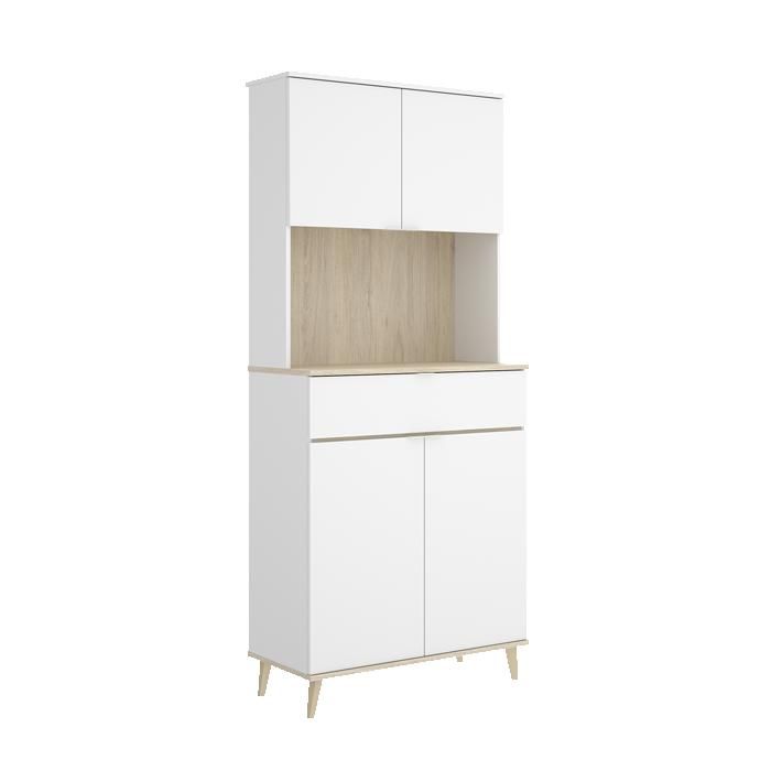 Armoire buffet de cuisine à 4 portes 1 tiroir et 1 niche centrale coloris blanc/naturel