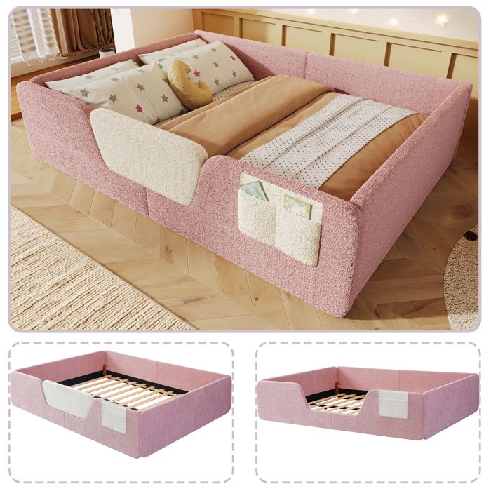 Lit enfant rembourré - MERAX - Avec barrières de sécurité - 140x190 cm - Velours rose - Poche latérale Lit enfant rembourré - MERAX - Avec barrières de sécurité - 140x190 cm - Velours rose - Poche latérale