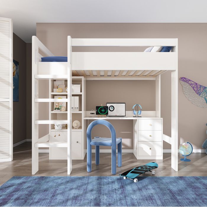 Lit mezzanine 90x200 cm blanc avec bureau, placard et rangements ...