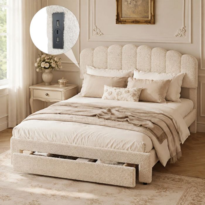 Lit Double 140x200 avec Sommier et Port USB/Type-C - Rangement Tiroirs - Teddy Beige
