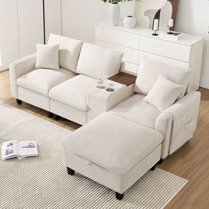 Canapé d‘angle avec console centrale - Ports USB 2 porte-gobelets velours côtelé - Beige