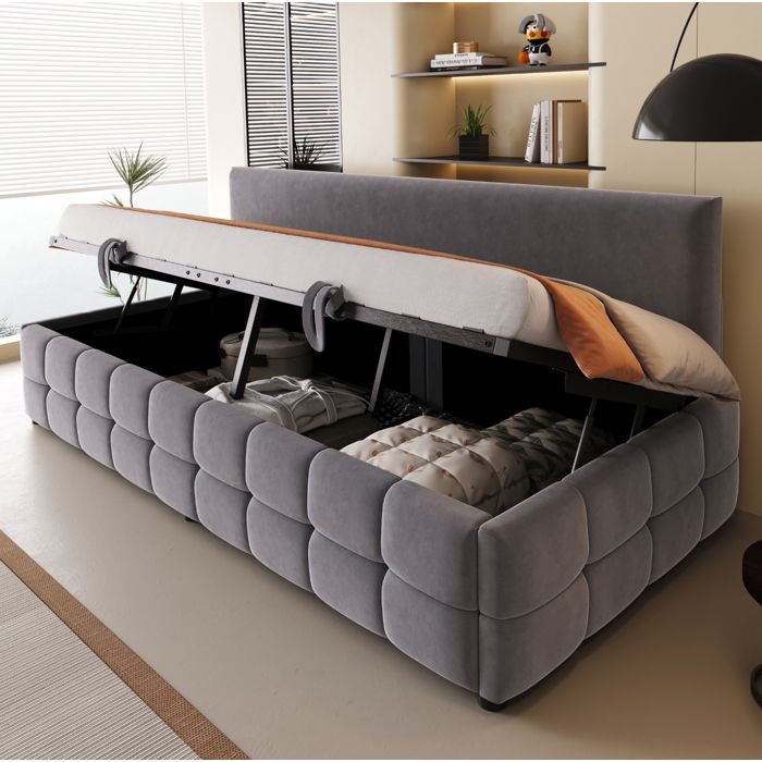 Lit banquette capitonné gris 90 x 200 cm avec rangement hydraulique