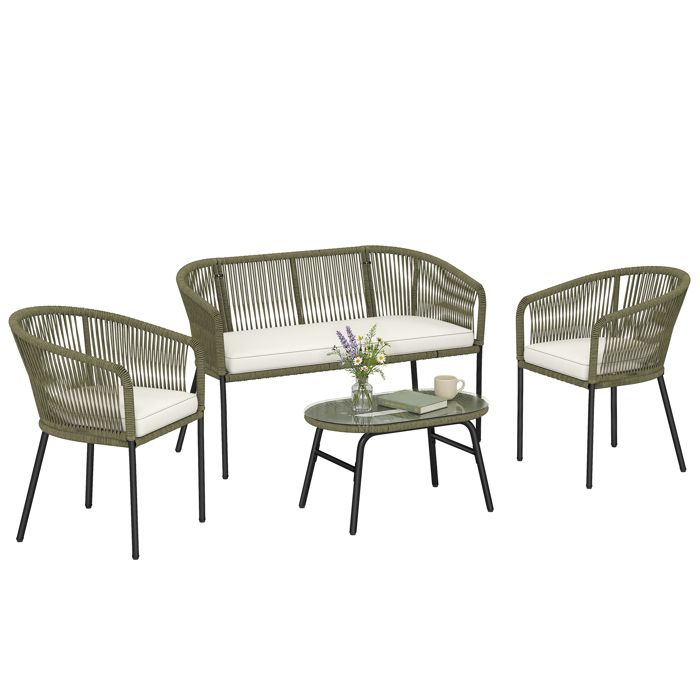 Salon de jardin extérieur - mobilier de jardin pour balcon - Outsunny - 4 places table basse verre trempé - PP rond tressé - crème