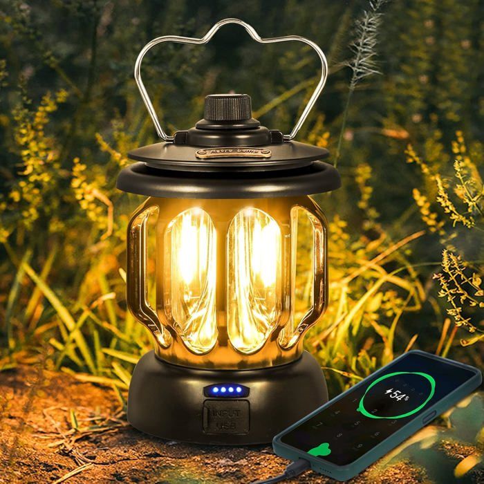 Lampe camping LED rechargeable USB vintage lumière chaude et blanche 5200 mAh avec power bank pour extérieur nuit