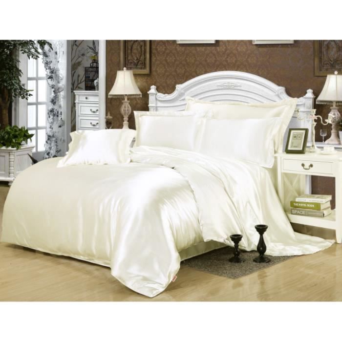 Parure de drap en Soie Satinée - Parure de lit 4 Pcs = 2 Taies doreiller 1 Drap 1 Housse de Couette - 200x230cm - comme montré
