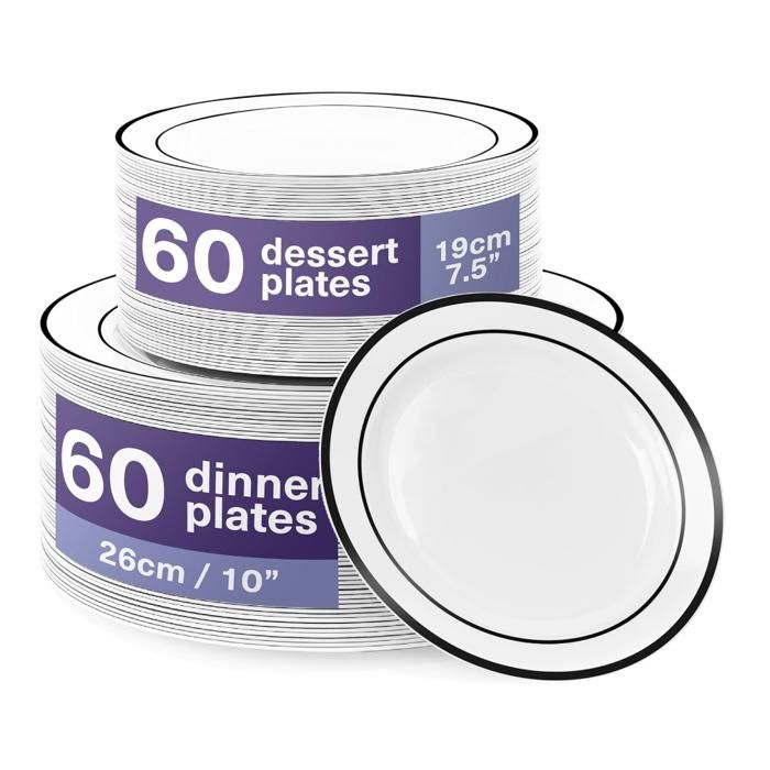120 Assiettes en Plastique Réutilisables Blanches Premium avec Bordure Noir (60 Assiettes Plates 60 Assiettes à Dessert) -Solide