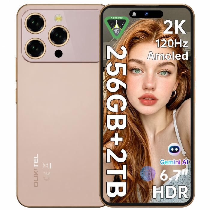 OUKITEL P1 Pro Smartphone 16GO+256GO AMOLED 6.7FHD+ 120Hz 50MP+32MP Android 15 5150mAh Débloqué Empreinte/Face ID/NFC/OTGJaune