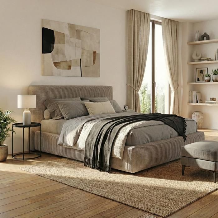 Lit coffre - SAMPUR - Versailles - Velours côtelé Gris - 200 x 200 cm - Coffre 900 L